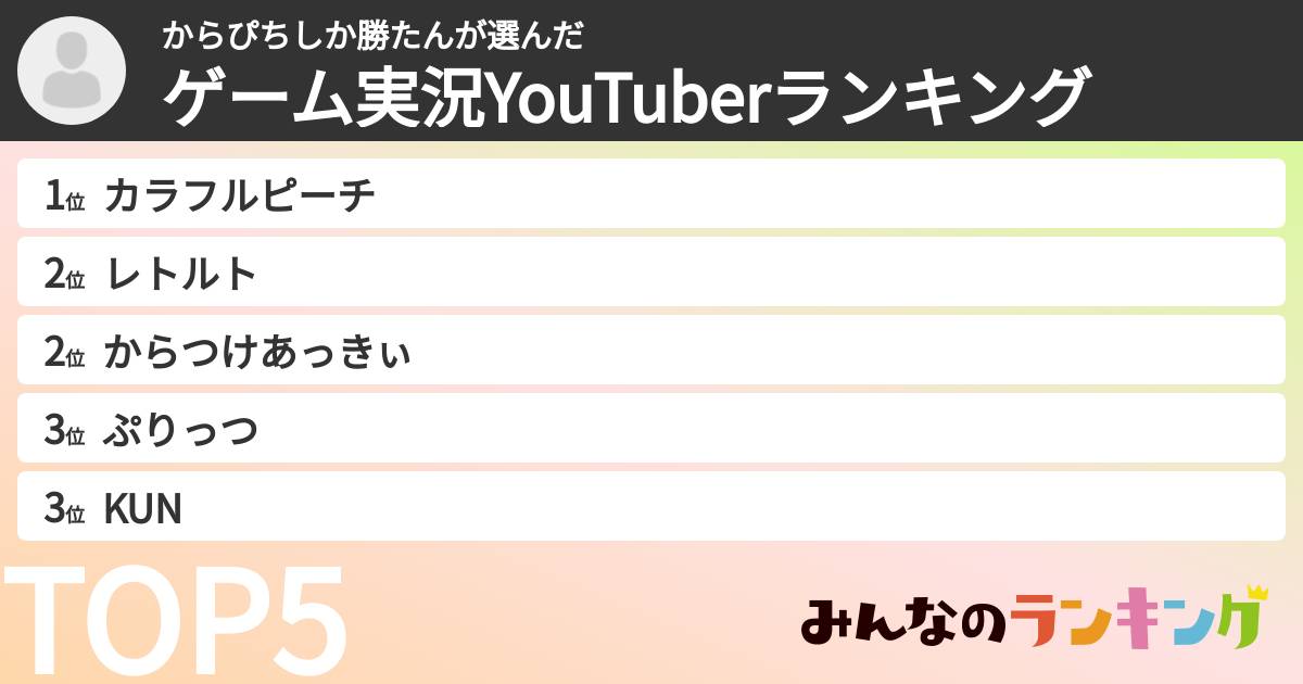 からぴちしか勝たんさんの「ゲーム実況YouTuberランキング」
