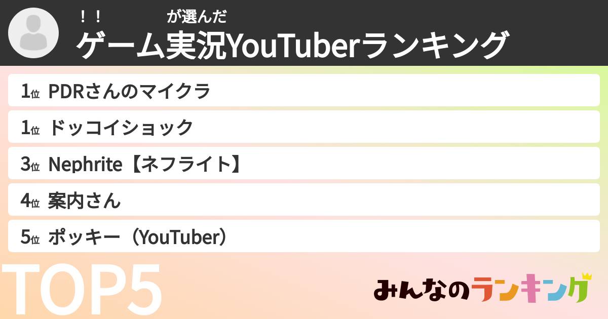 ！！　　　　さんの「ゲーム実況YouTuberランキング」