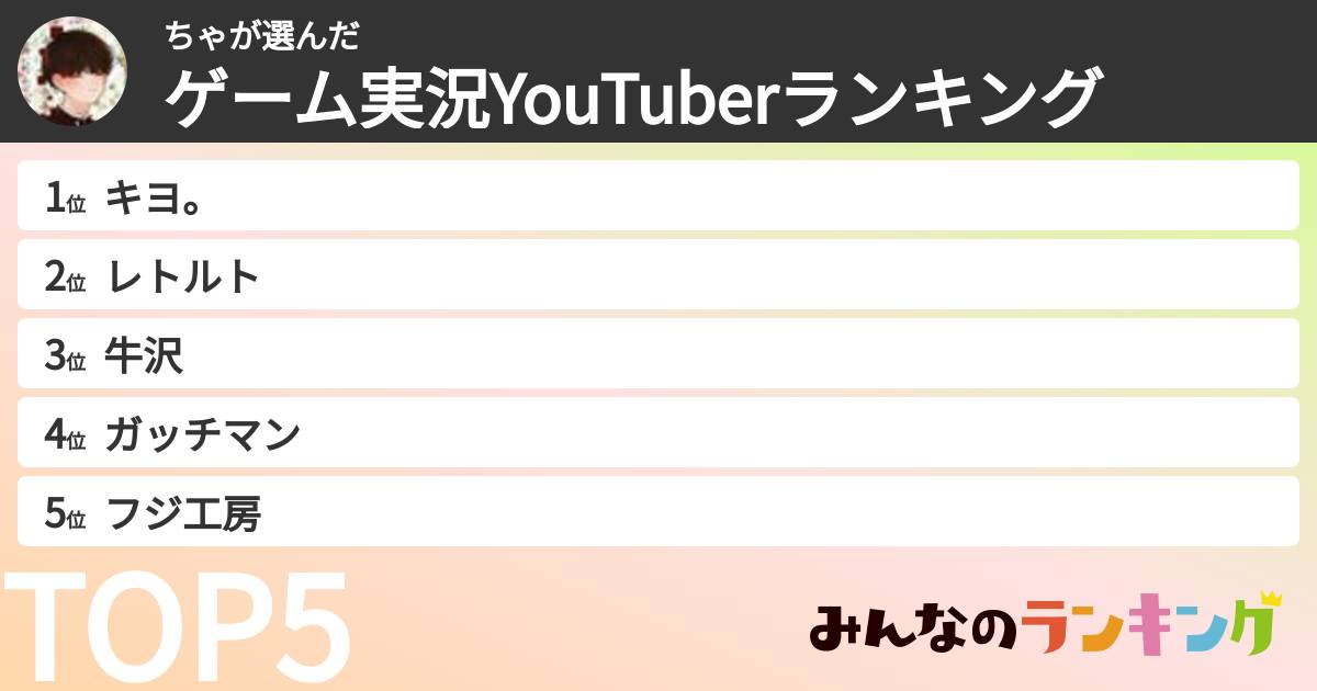 ちゃさんの「ゲーム実況YouTuberランキング」