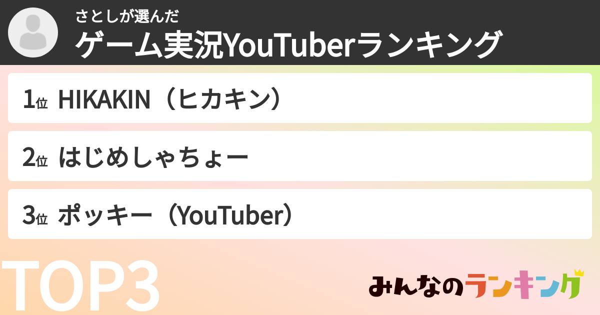 さとしさんの「ゲーム実況YouTuberランキング」