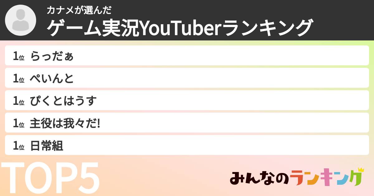 カナメさんの「ゲーム実況YouTuberランキング」