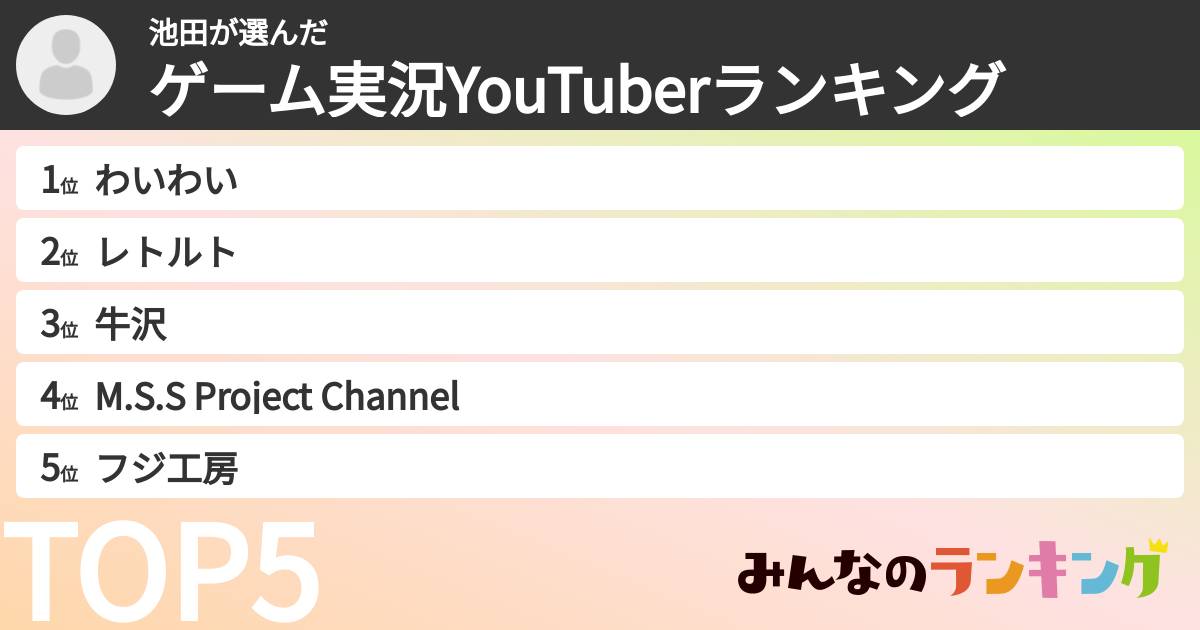 池田さんの「ゲーム実況YouTuberランキング」