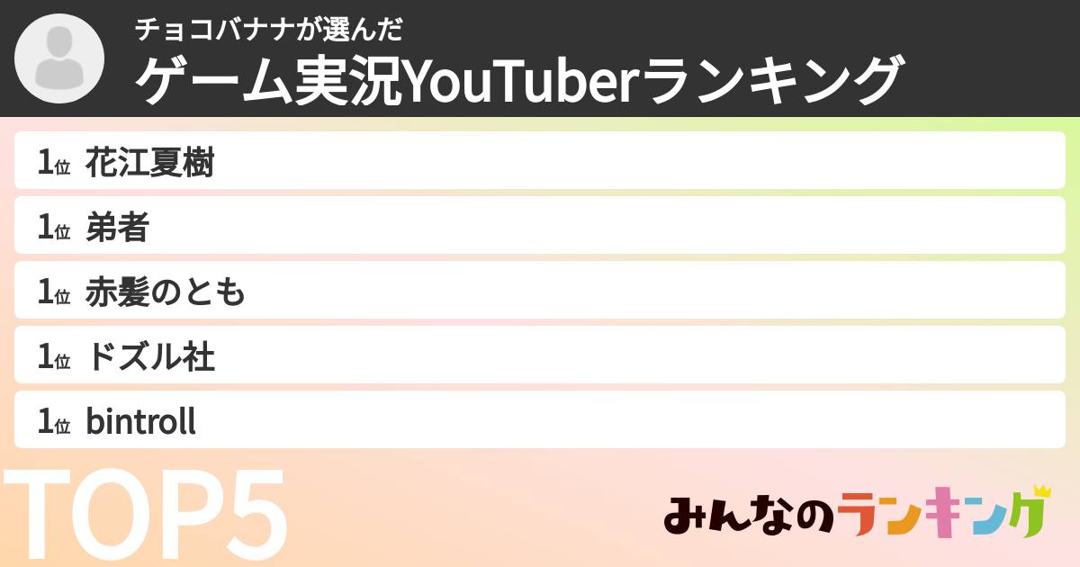 チョコバナナさんの「ゲーム実況YouTuberランキング」