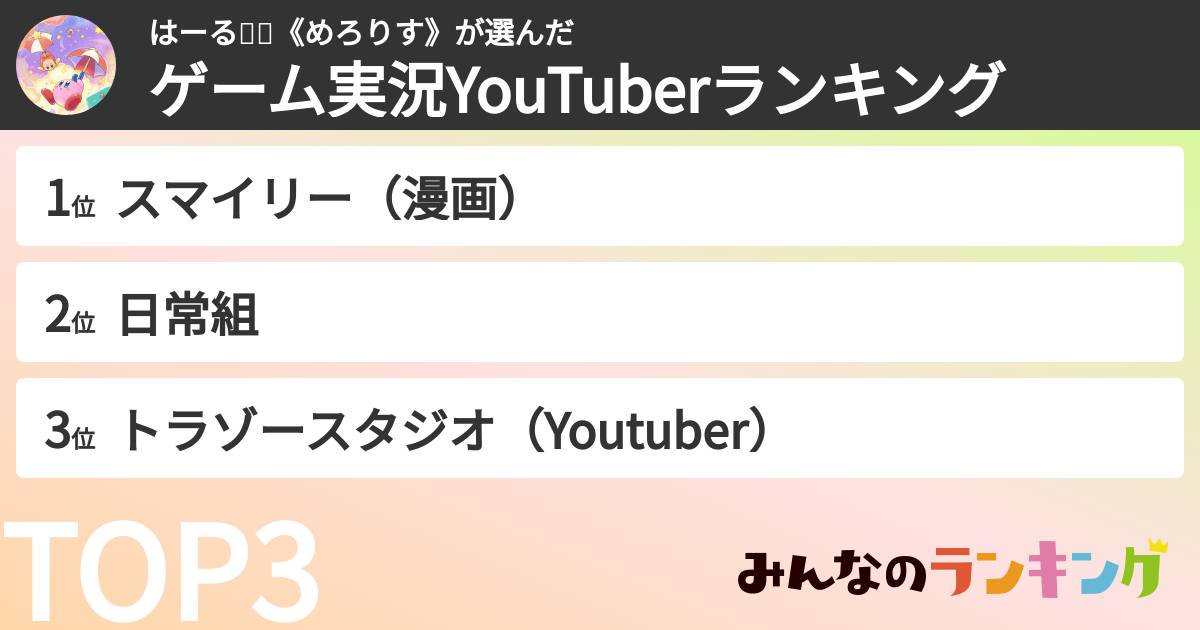 はーる🧐🍈《めろりす》さんの「ゲーム実況YouTuberランキング」