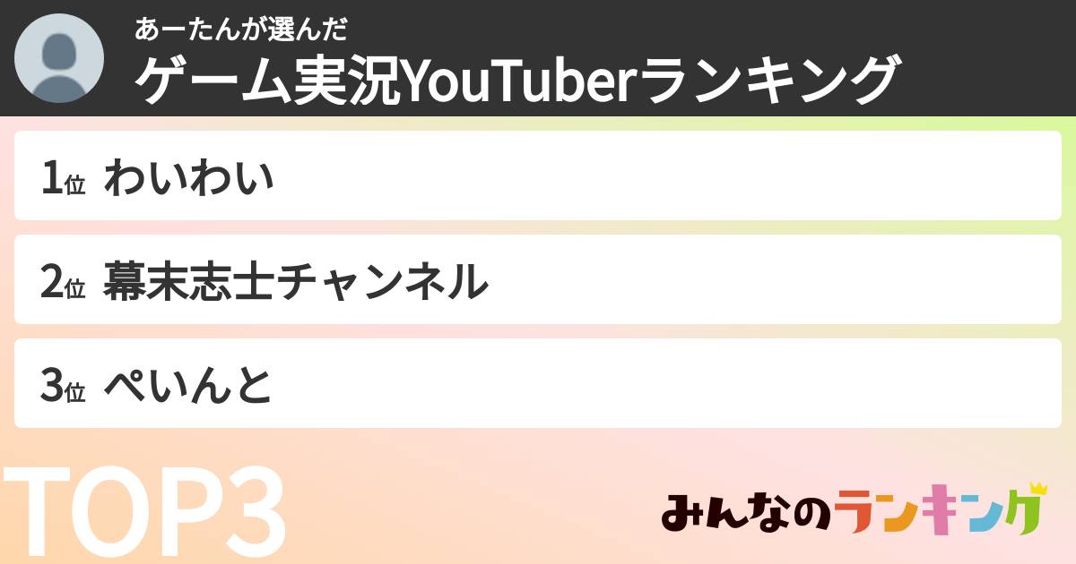 あーたんさんの「ゲーム実況YouTuberランキング」