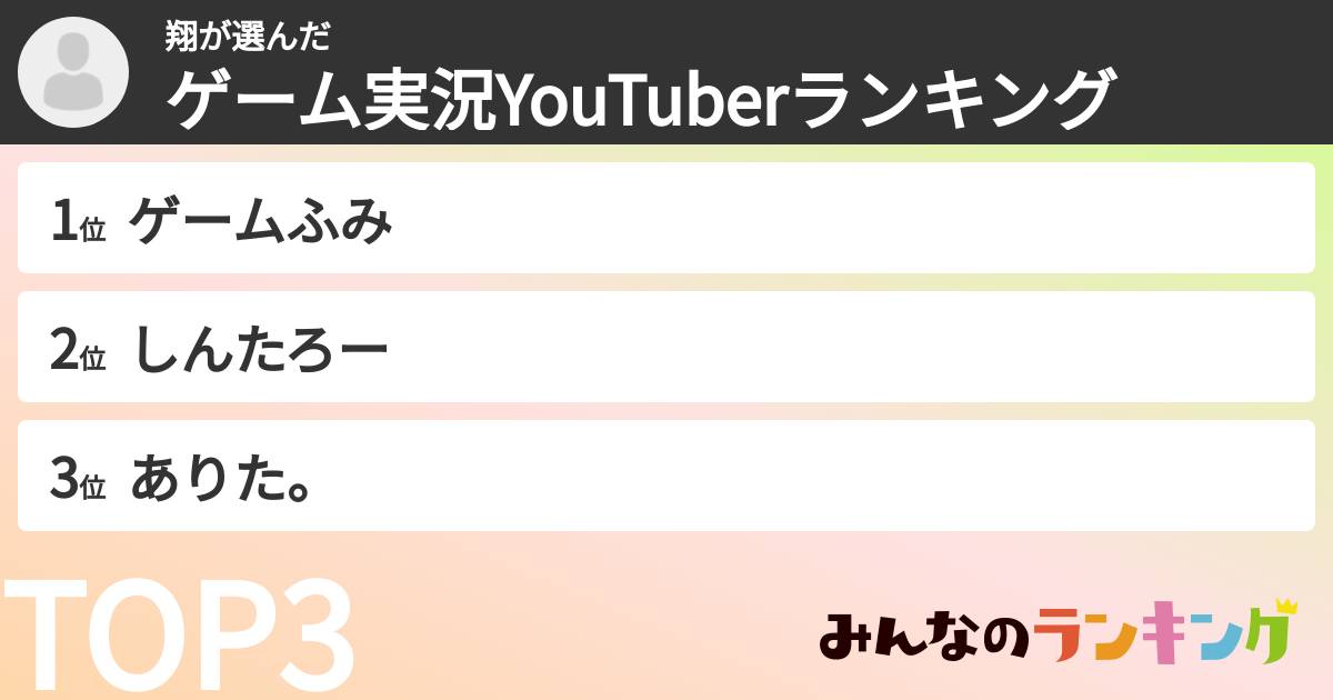 翔さんの「ゲーム実況YouTuberランキング」