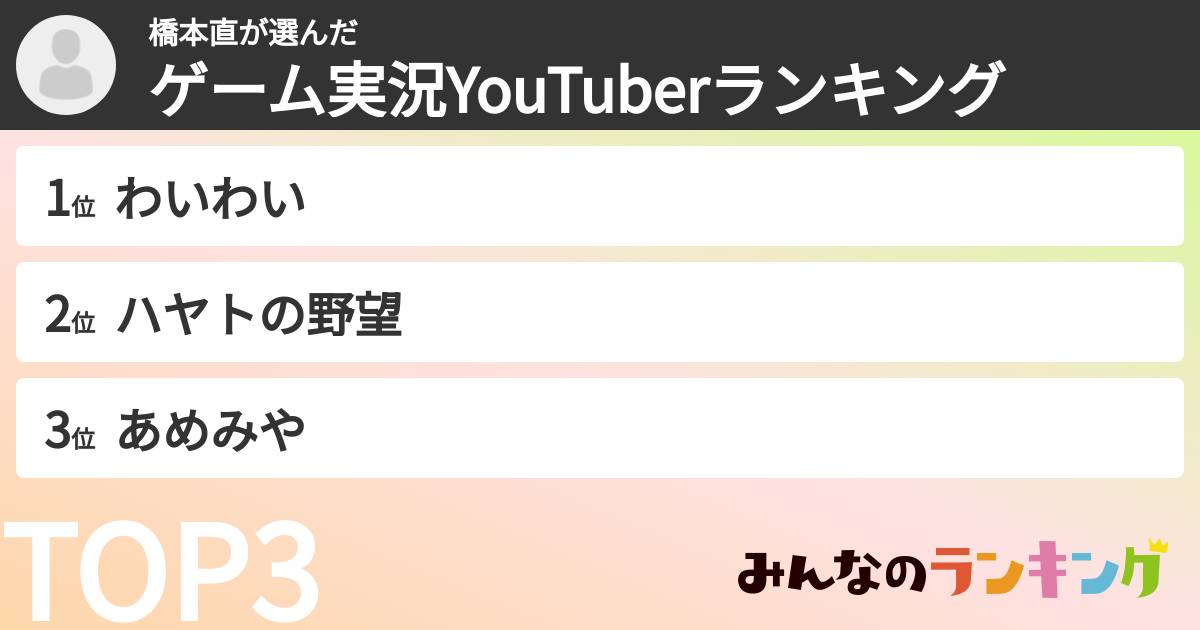 橋本直さんの「ゲーム実況YouTuberランキング」