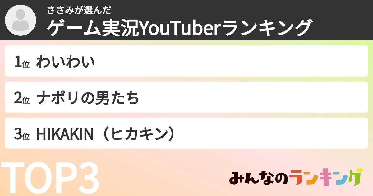 ささみさんの「ゲーム実況YouTuberランキング」