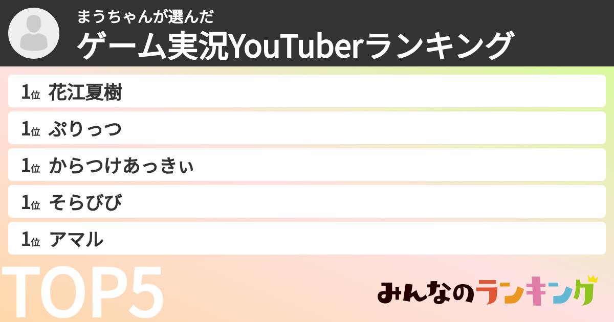 まうちゃんさんの「ゲーム実況YouTuberランキング」