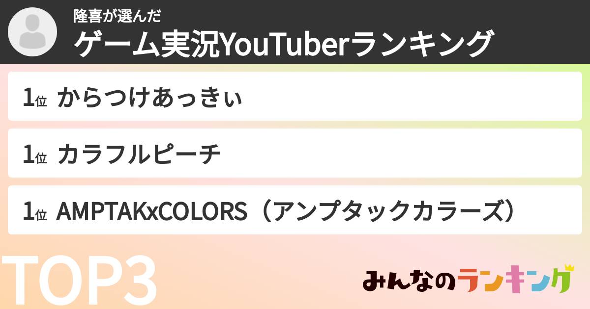 隆喜さんの「ゲーム実況YouTuberランキング」