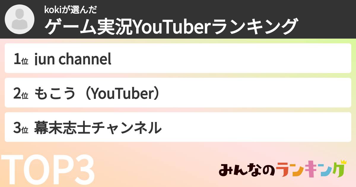 kokiさんの「ゲーム実況YouTuberランキング」