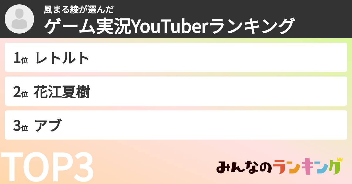 風まる綾さんの「ゲーム実況YouTuberランキング」