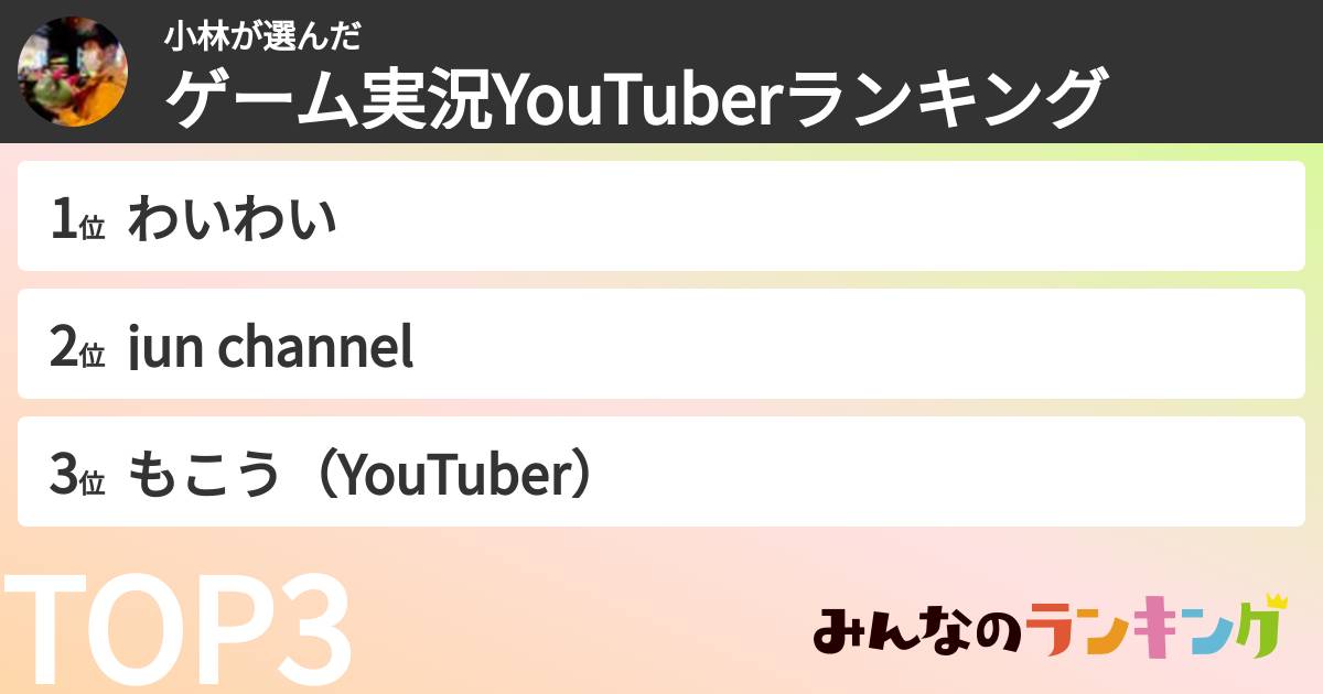 小林さんの「ゲーム実況YouTuberランキング」