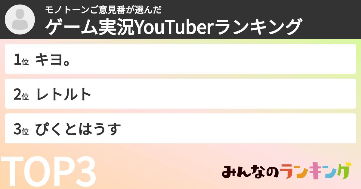 モノトーンご意見番さんの「ゲーム実況YouTuberランキング」