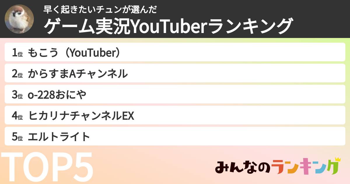 早く起きたいチュンさんの「ゲーム実況YouTuberランキング」