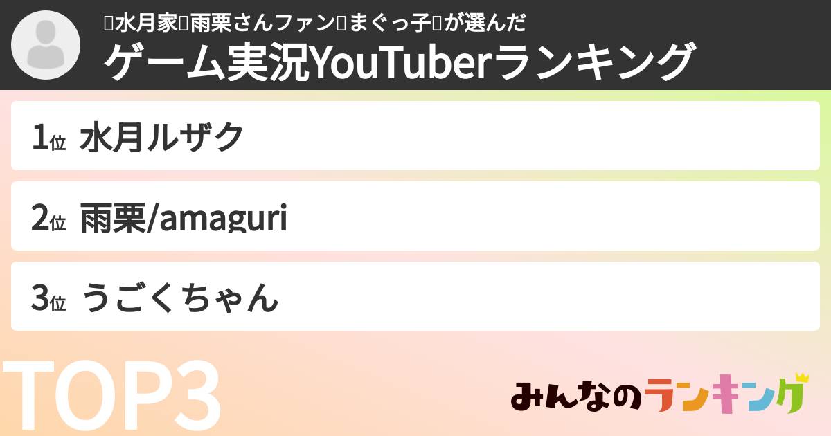 💧水月家🌙雨栗さんファン🤡まぐっ子🍮さんの「ゲーム実況YouTuberランキング」