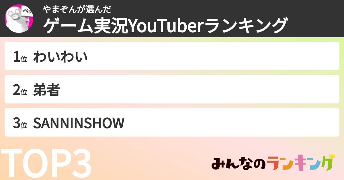 やまぞんさんの「ゲーム実況YouTuberランキング」
