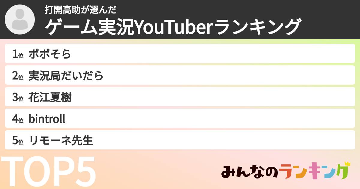 打開高助さんの「ゲーム実況YouTuberランキング」
