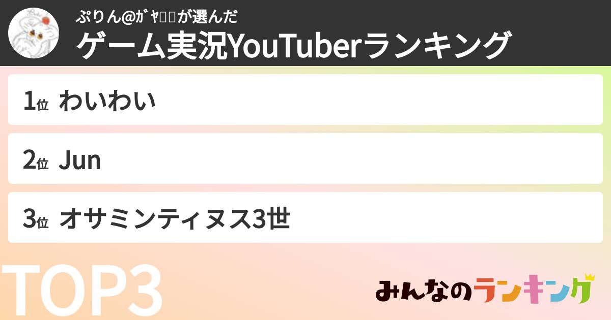 ぷりん@ｶﾞﾔ👑🐃さんの「ゲーム実況YouTuberランキング」