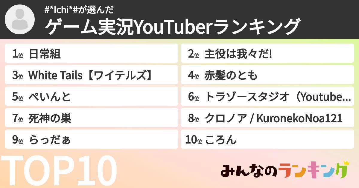 #*Ichi*#さんの「ゲーム実況YouTuberランキング」