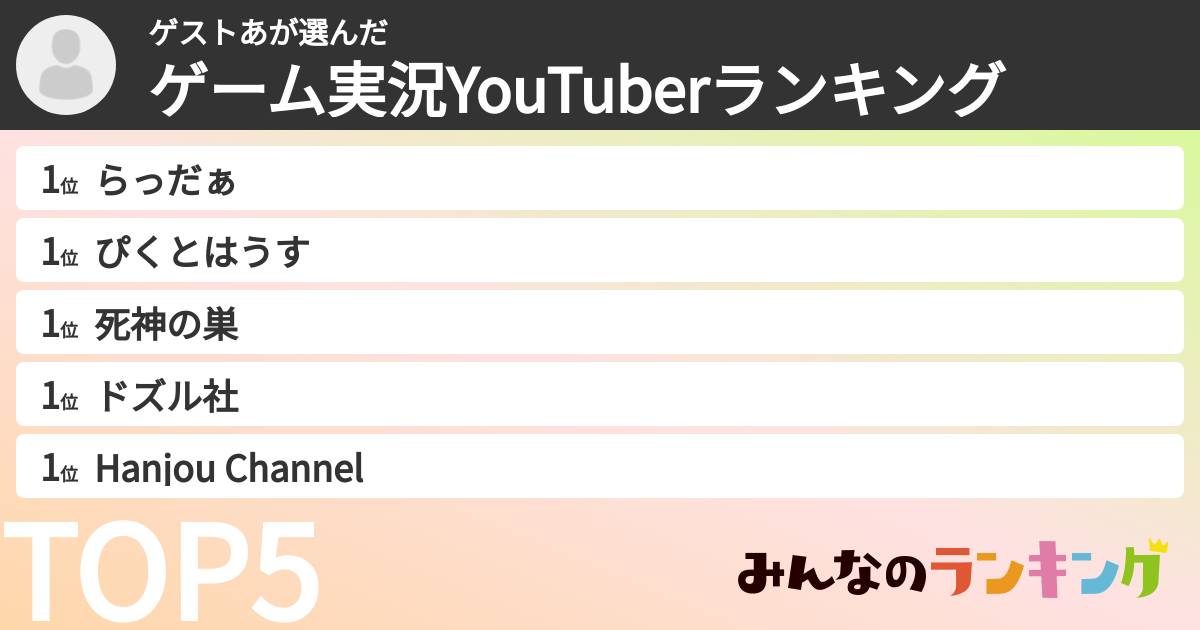 ゲストあさんの「ゲーム実況YouTuberランキング」