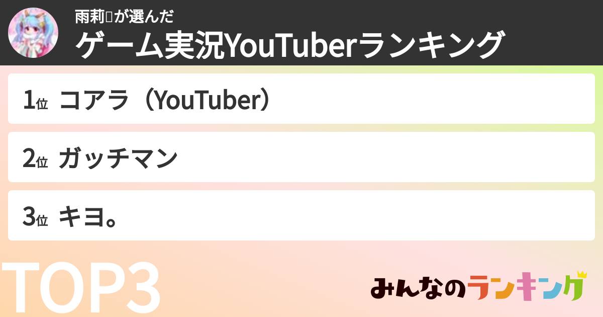 雨莉🐗さんの「ゲーム実況YouTuberランキング」