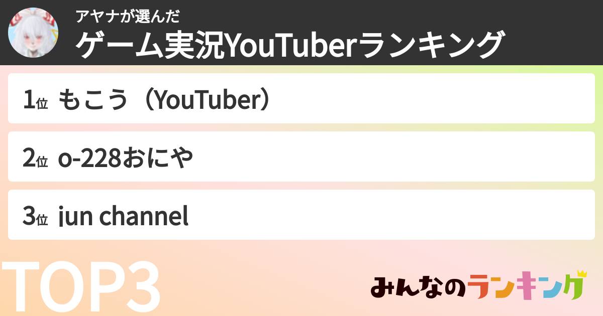 アヤナさんの「ゲーム実況YouTuberランキング」