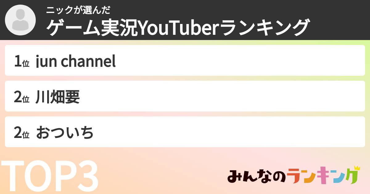ニックさんの「ゲーム実況YouTuberランキング」