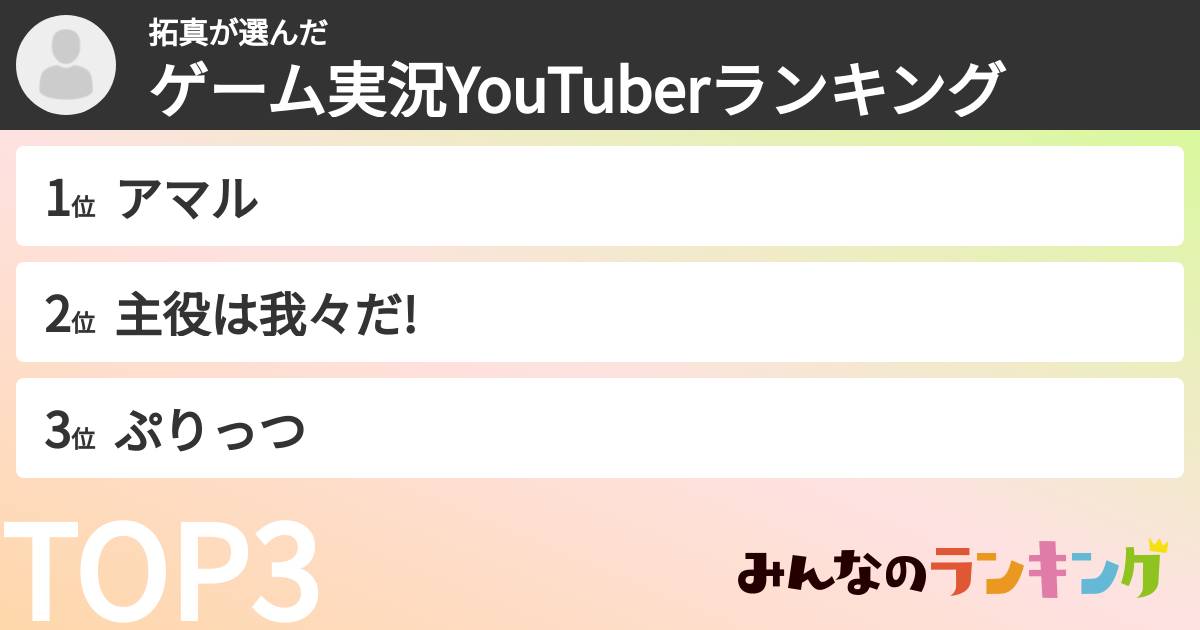 拓真さんの「ゲーム実況YouTuberランキング」