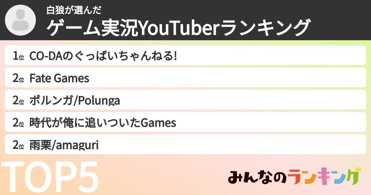 白狼さんの「ゲーム実況YouTuberランキング」