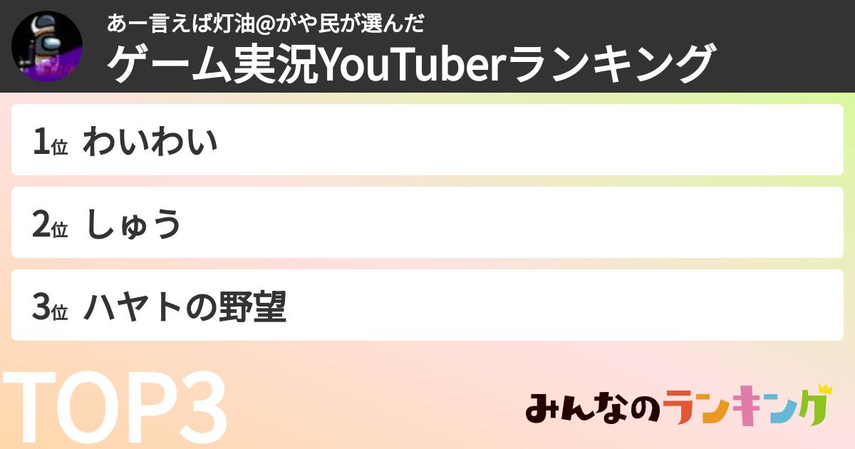 あー言えば灯油@がや民さんの「ゲーム実況YouTuberランキング」