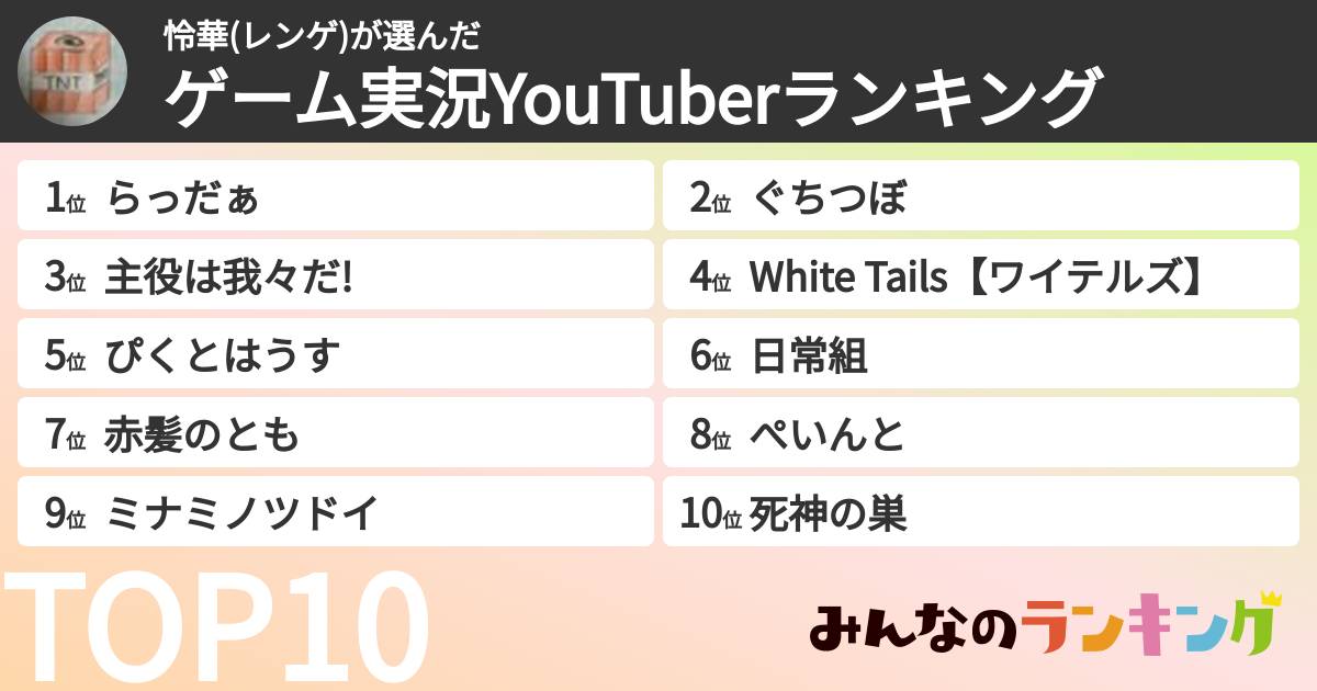 怜華(レンゲ)さんの「ゲーム実況YouTuberランキング」