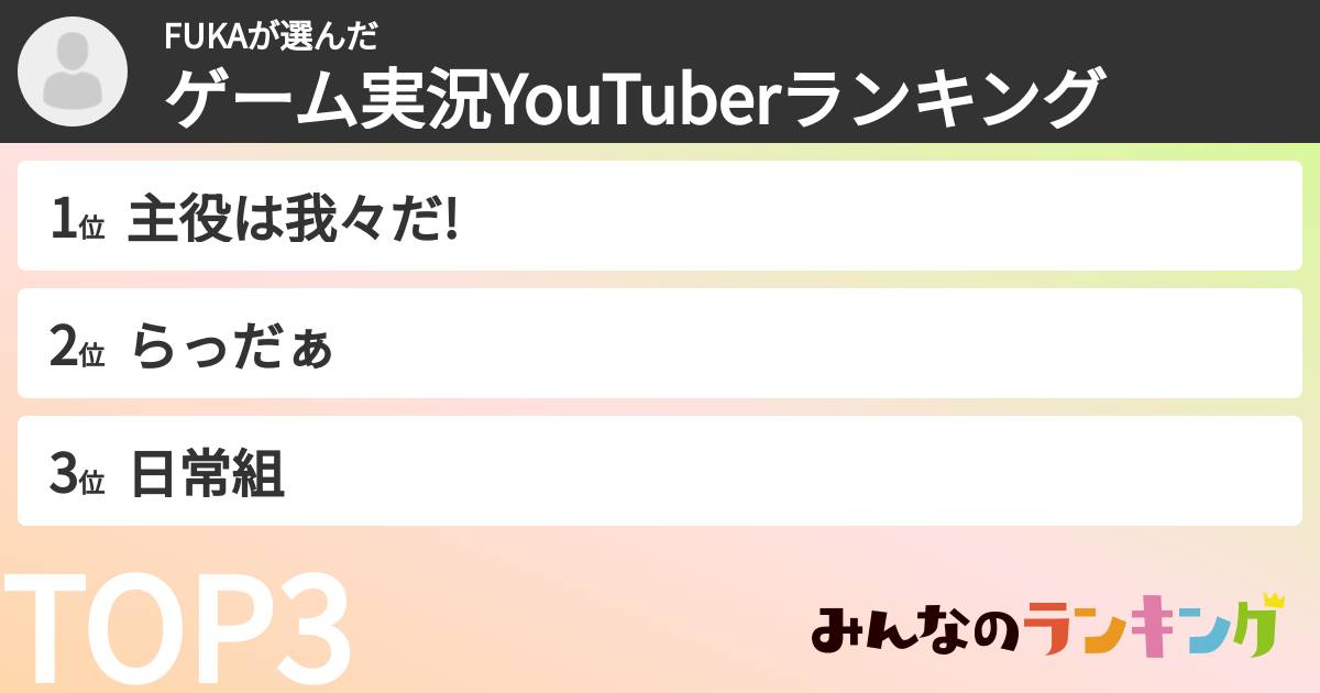 FUKAさんの「ゲーム実況YouTuberランキング」