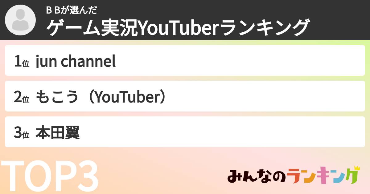 B Bさんの「ゲーム実況YouTuberランキング」