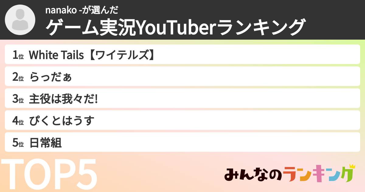 nanako -さんの「ゲーム実況YouTuberランキング」