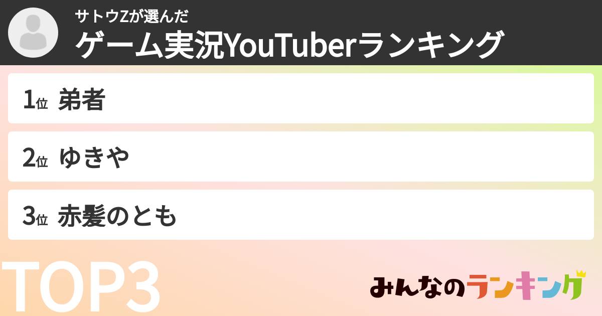 サトウZさんの「ゲーム実況YouTuberランキング」