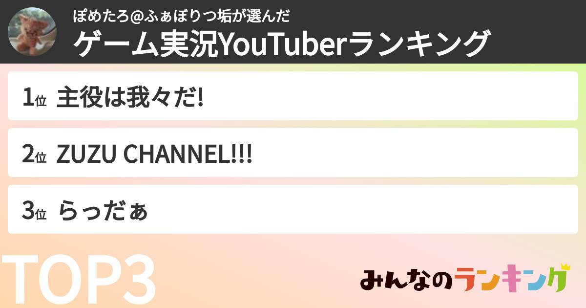 ぽめたろ@ふぁぼりつ垢さんの「ゲーム実況YouTuberランキング」