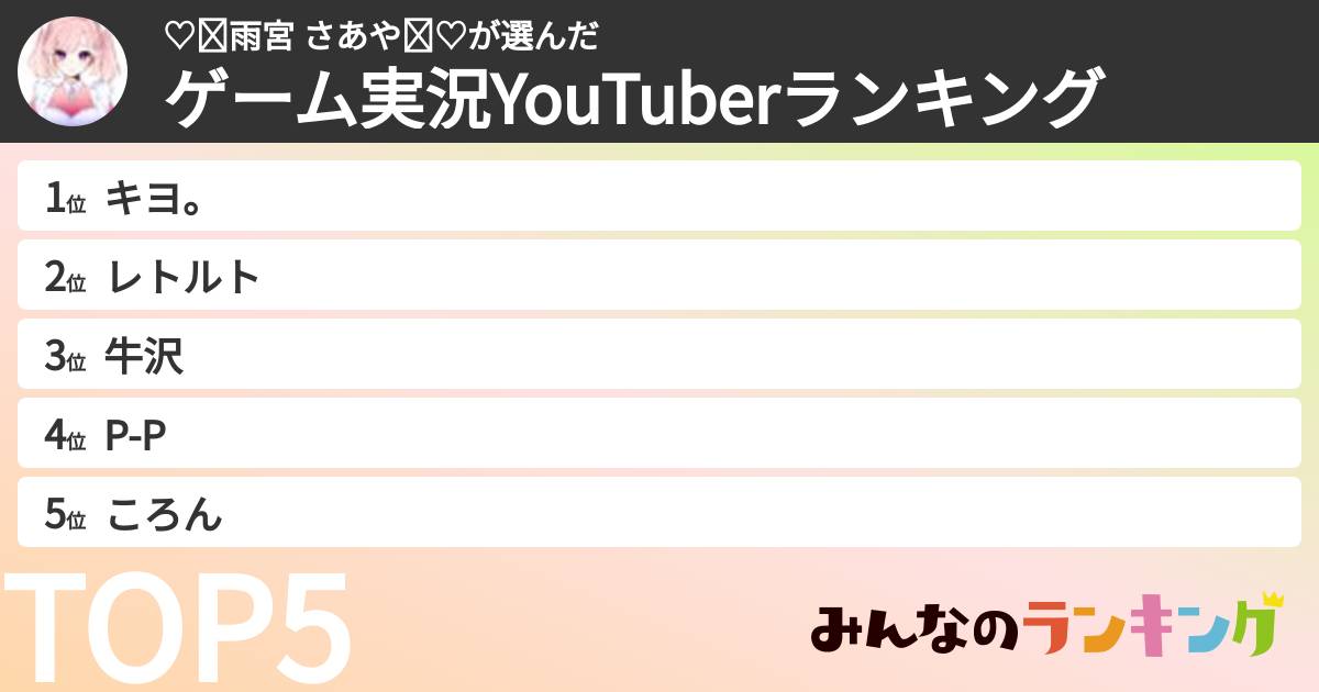 ♡♔雨宮 さあや♔♡さんの「ゲーム実況YouTuberランキング」