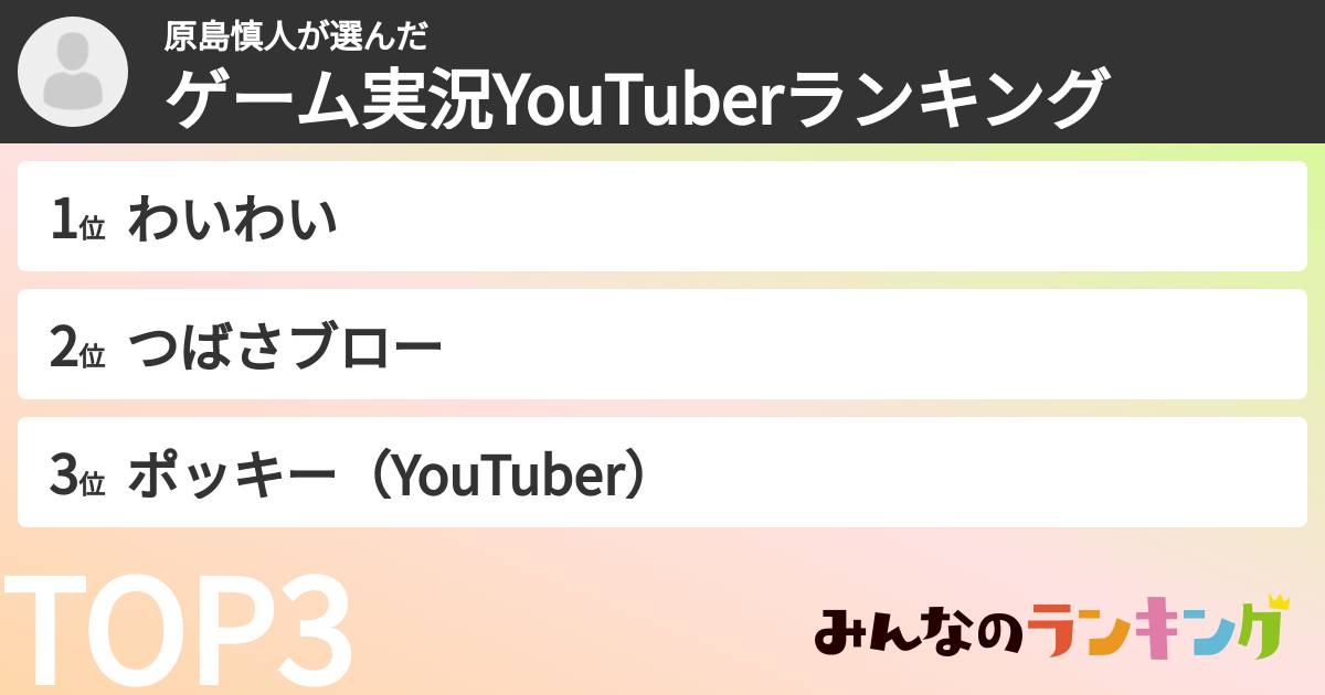 原島慎人さんの「ゲーム実況YouTuberランキング」