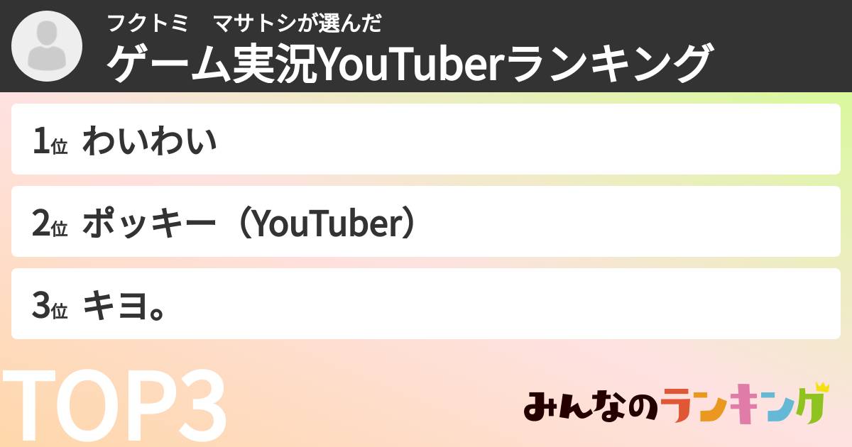 フクトミ　マサトシさんの「ゲーム実況YouTuberランキング」