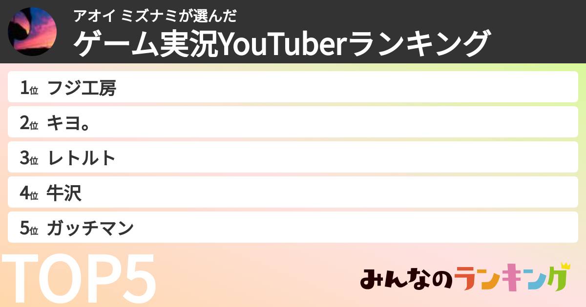 アオイ ミズナミさんの「ゲーム実況YouTuberランキング」
