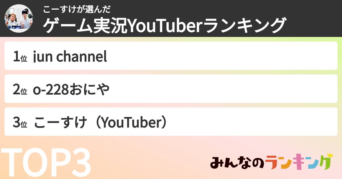 こーすけさんの「ゲーム実況YouTuberランキング」