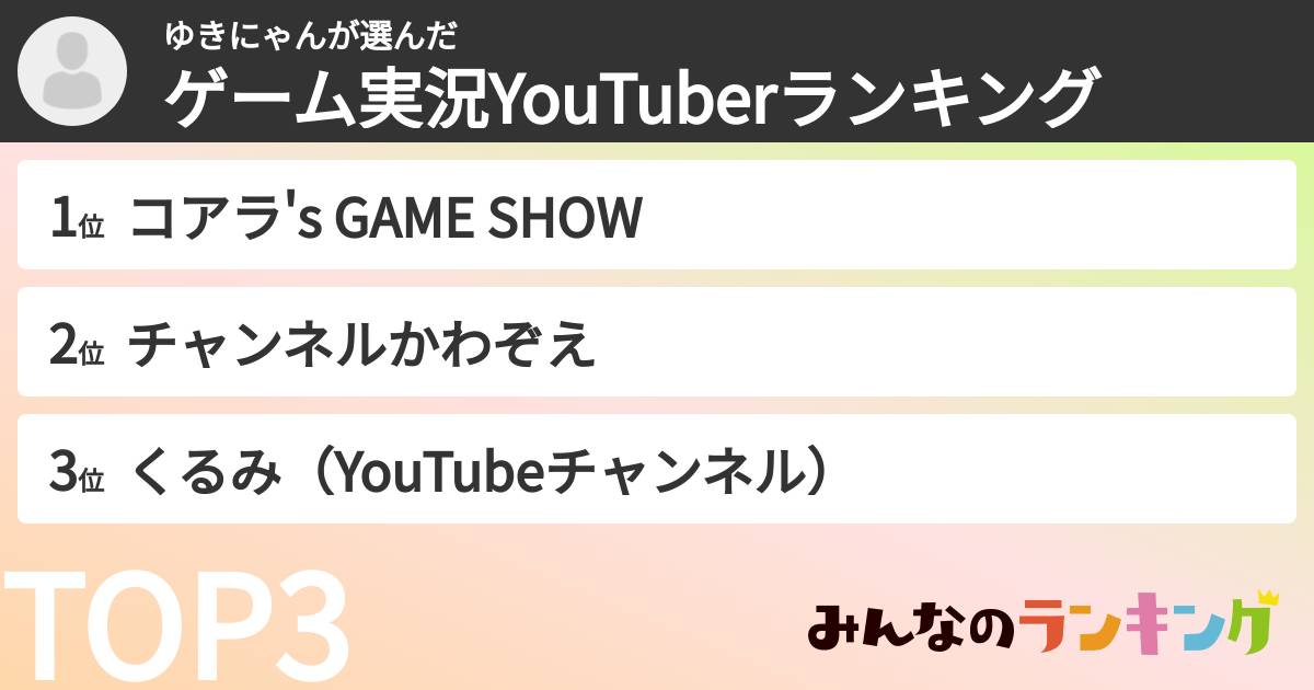 ゆきにゃんさんの「ゲーム実況YouTuberランキング」