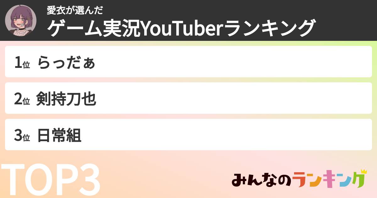 愛衣さんの「ゲーム実況YouTuberランキング」