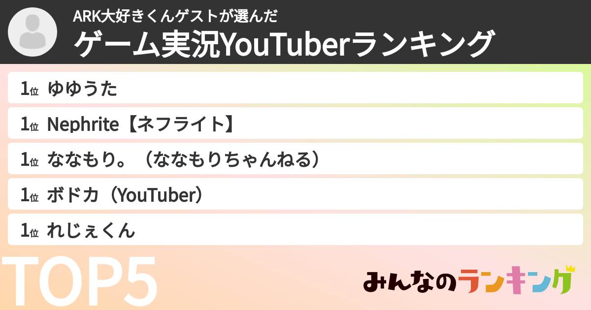 ARK大好きくんゲストさんの「ゲーム実況YouTuberランキング」