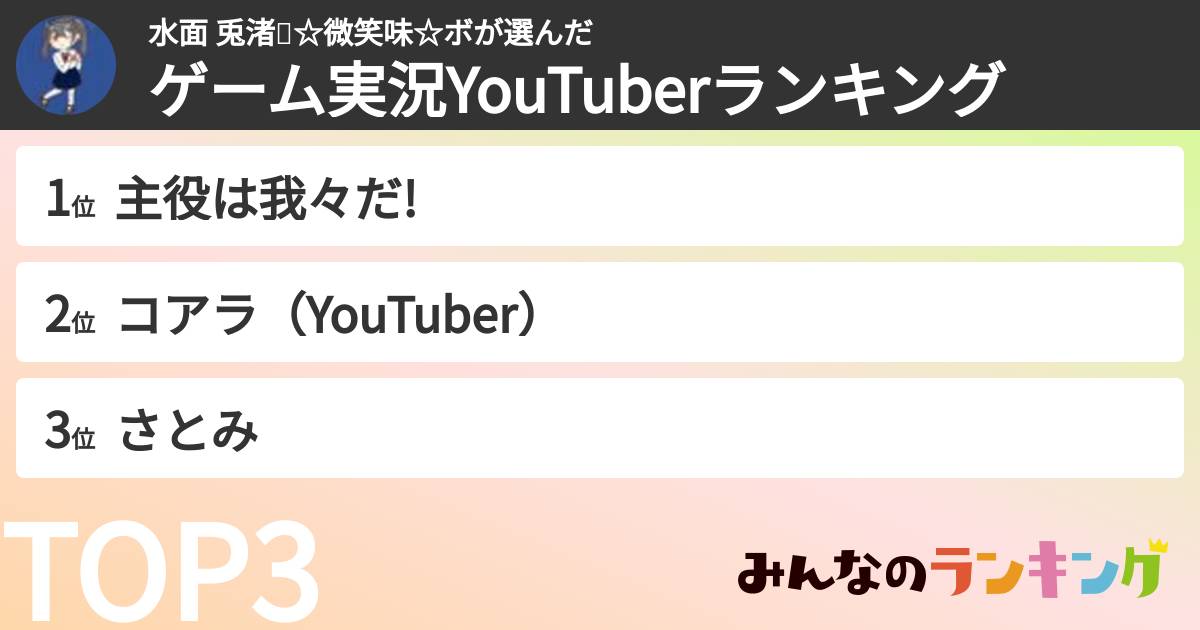 水面 兎渚🦈☆微笑味☆ボさんの「ゲーム実況YouTuberランキング」