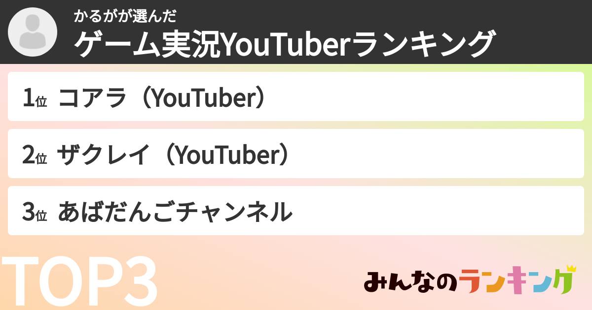 かるがさんの「ゲーム実況YouTuberランキング」