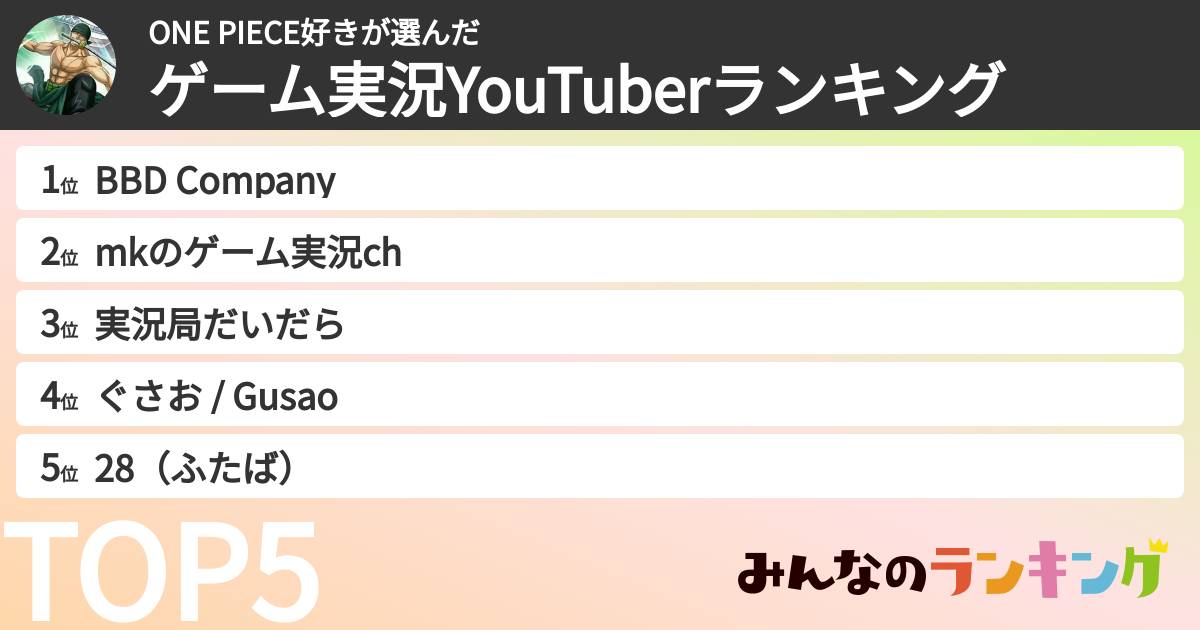 ONE PIECE好きさんの「ゲーム実況YouTuberランキング」
