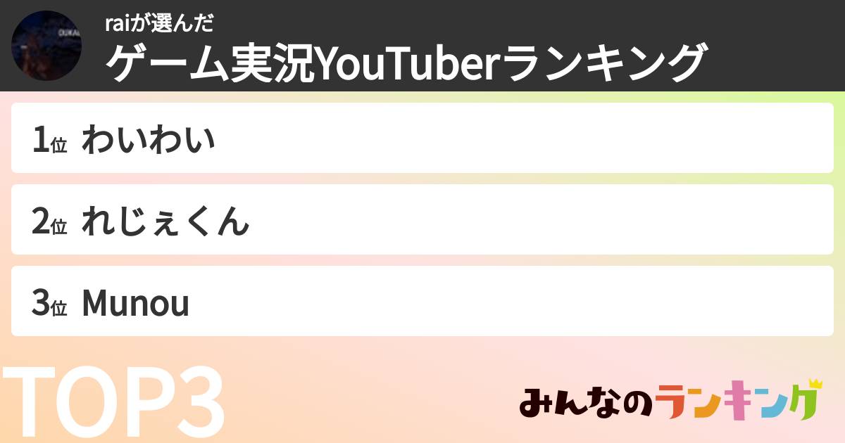 raiさんの「ゲーム実況YouTuberランキング」