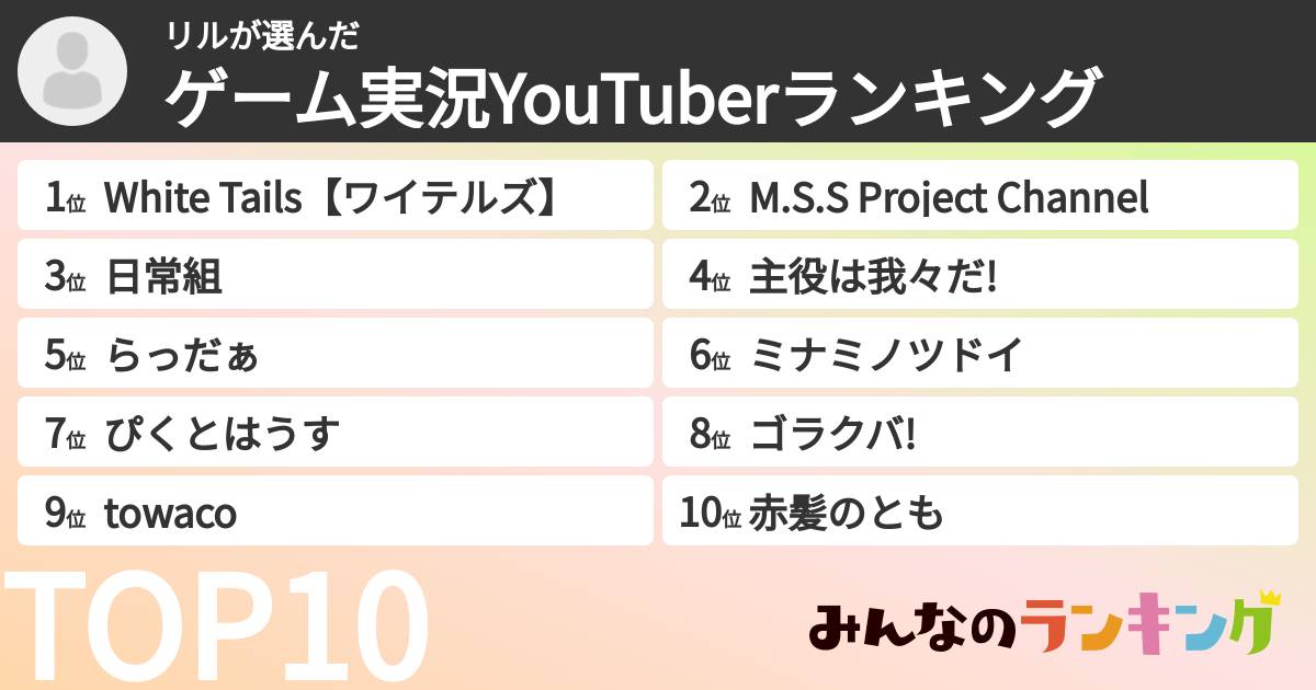 リルさんの「ゲーム実況YouTuberランキング」